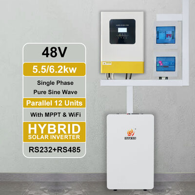5.5kW সিঙ্গেল ফেজ 48V হাইব্রিড ইনভার্টার পিওর সাইন ওয়েভ MPPT 60-500V কম থেকে উচ্চ ভোল্টেজ প্যারালাল অপারেশনের জন্য